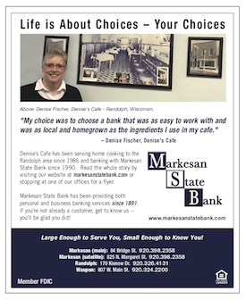 Testimonial ad about Denise's Cafe in Randolph created for the Markesan State Bank.