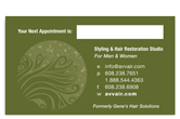 Avvair Styling and Hair Restoration business card back.