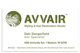 Avvair Styling and Hair Restoration business card front.