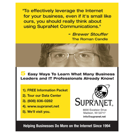 Supranet Communications Business Journal Testimonial ad - Brewer Stouffer, The Roman Candle.