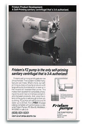 Fristam Pumps 1-color magazine ad to promote self-priming feature.