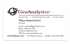 GeoAnalytics business card.
