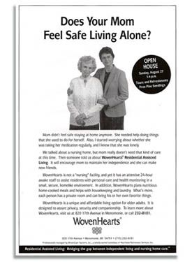 WovenHearts Assisted Living newspaper ad.