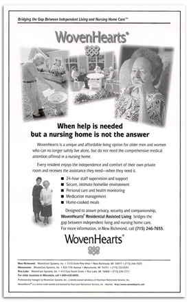 WovenHEarts Assisted Living newspaper ad.