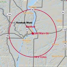 Keokuk, Iowa Marketing Map show 10, 20 and 30 mile radius of Keokuk Municiple service area.